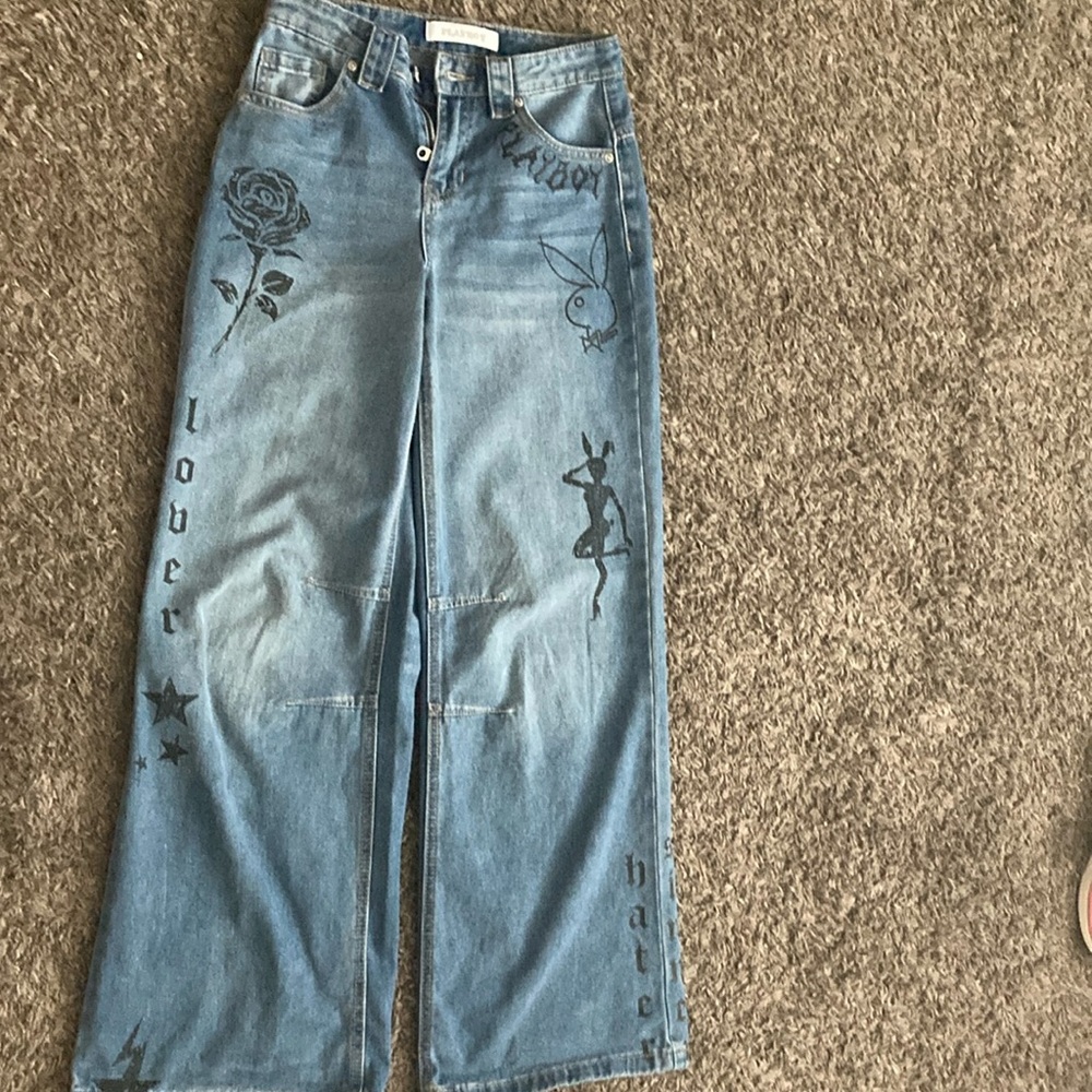 PLAYBOY Blue Straight Leg Jeans with Distressed Details